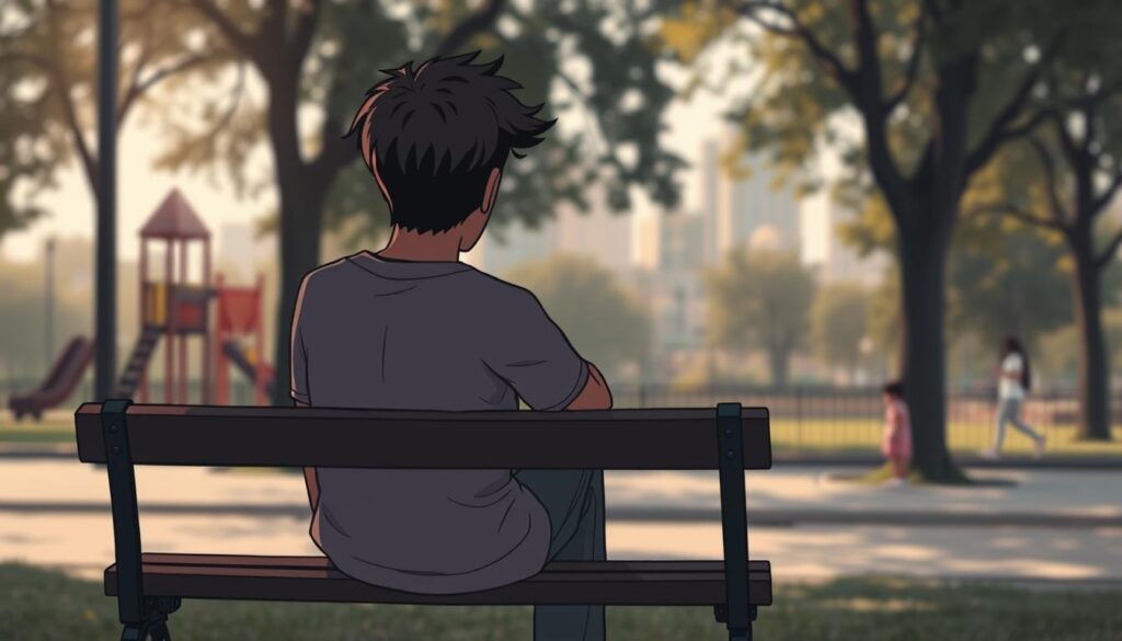 A thoughtful adult sitting quietly on a park bench, reflecting